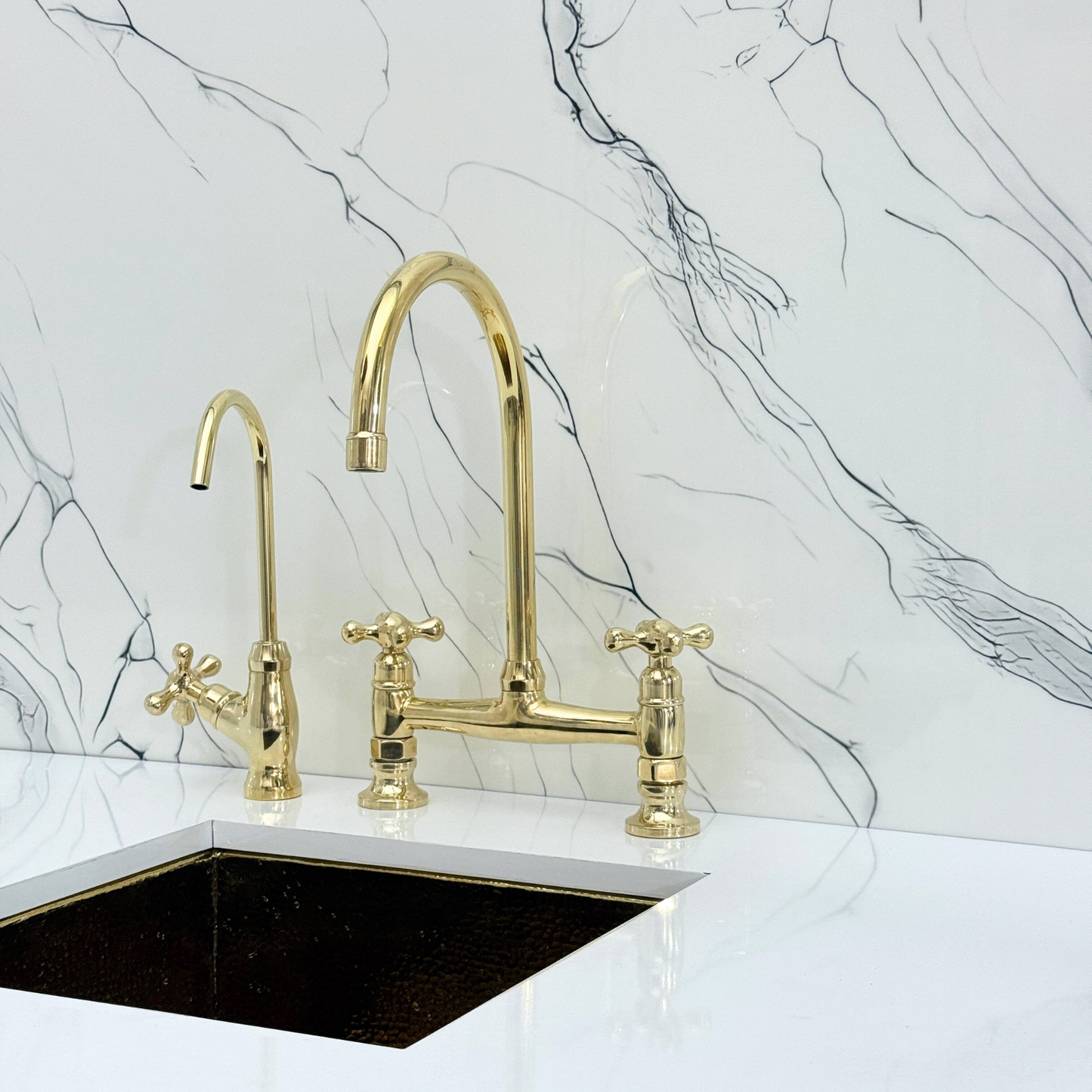 Unlacquered Brass Bridge Kitchen Faucet with Sprayer, Cold Water Faucet and Cross Handles