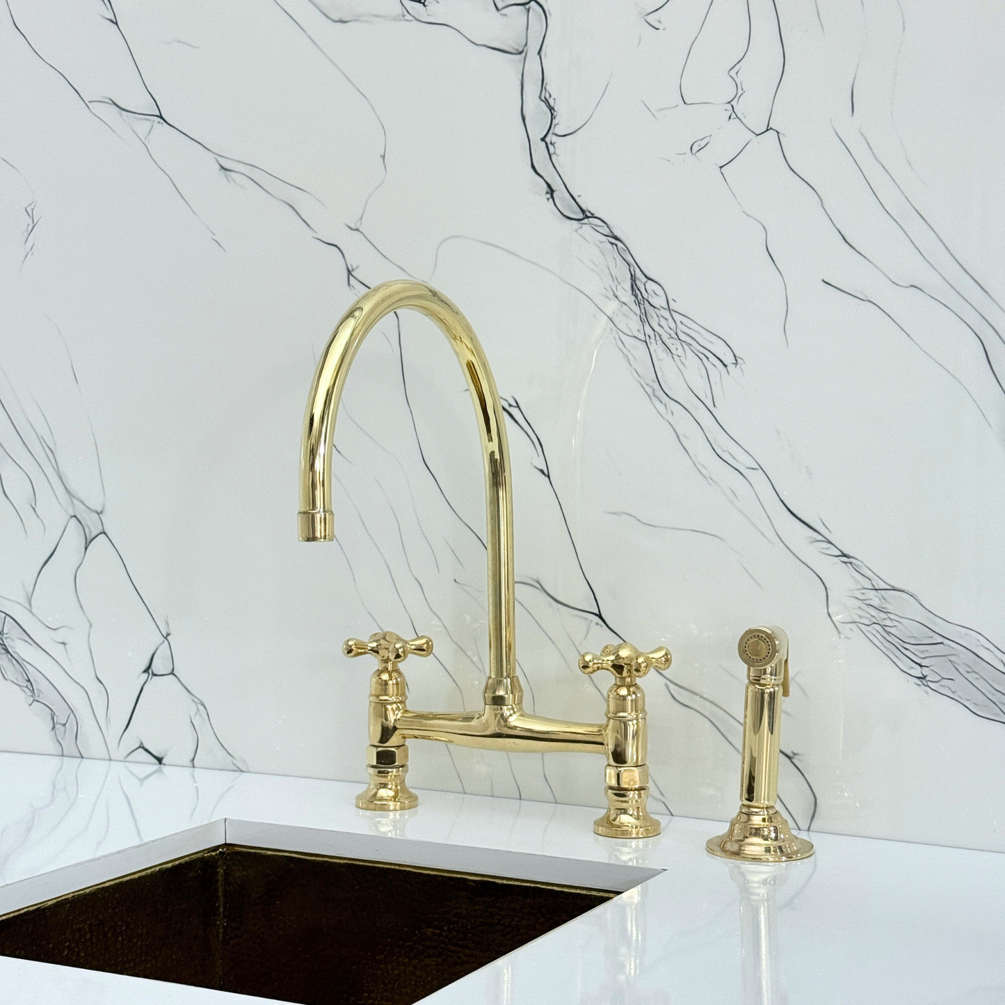 Unlacquered Brass Bridge Kitchen Faucet with Cold Water Faucet, Sprayer, and Cross Handles