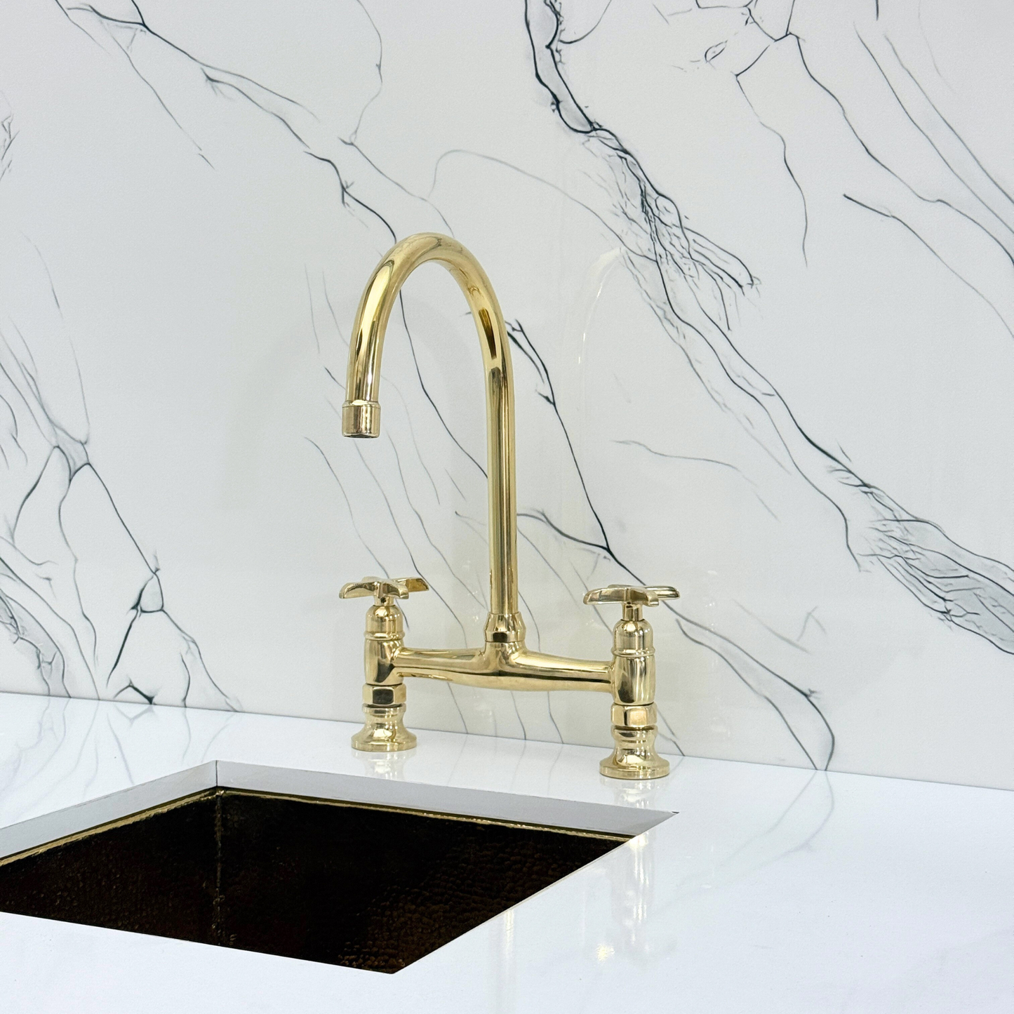 Unlacquered Brass Bridge Kitchen Faucet with Sprayer, Cold Water Faucet and Cross Handles
