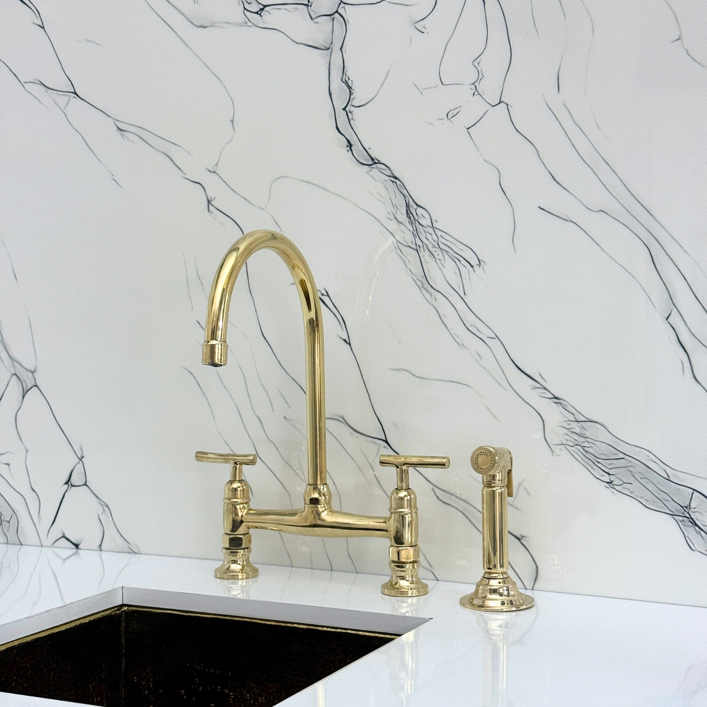 Unlacquered Brass Bridge Kitchen Faucet with Sprayer, Cold Water Faucet and Lever Handles