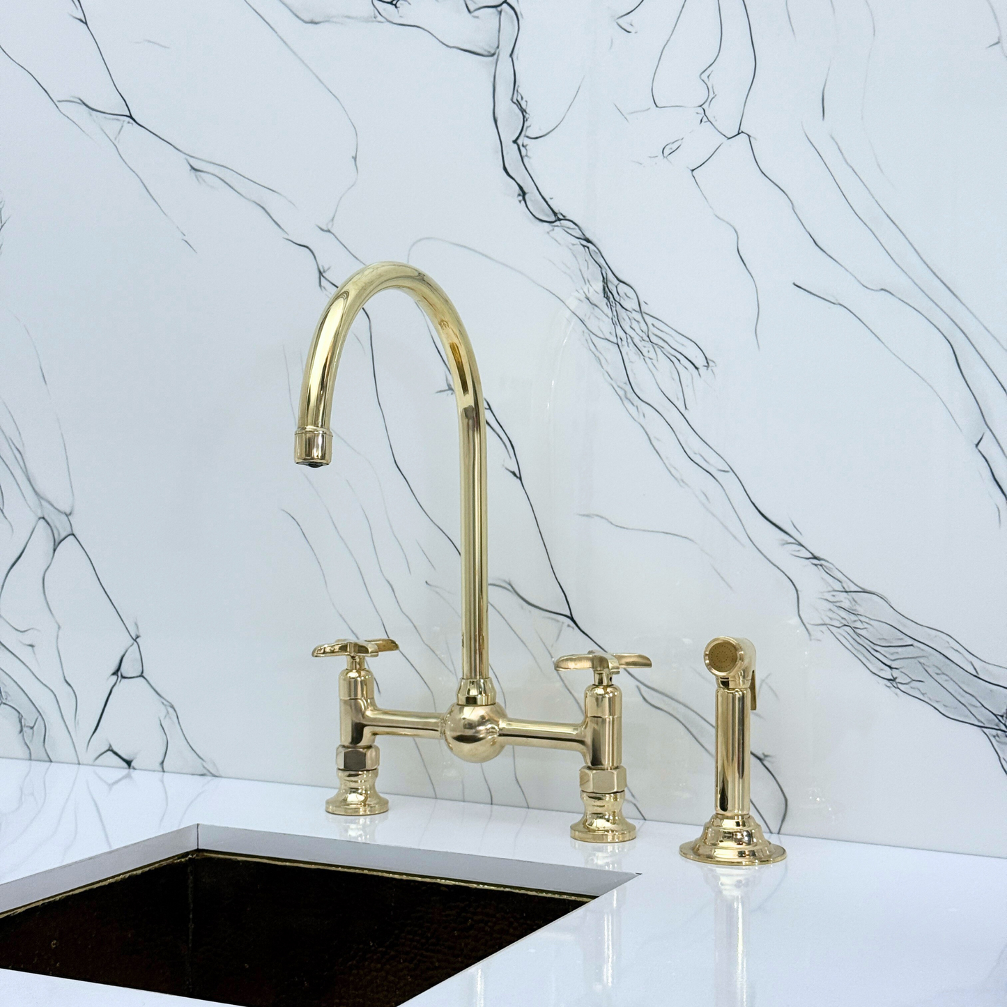 Unlacquered Brass Bridge Vintage Kitchen Faucet with Ball Center, Sprayer, Cold Water Faucet and Cross Handles