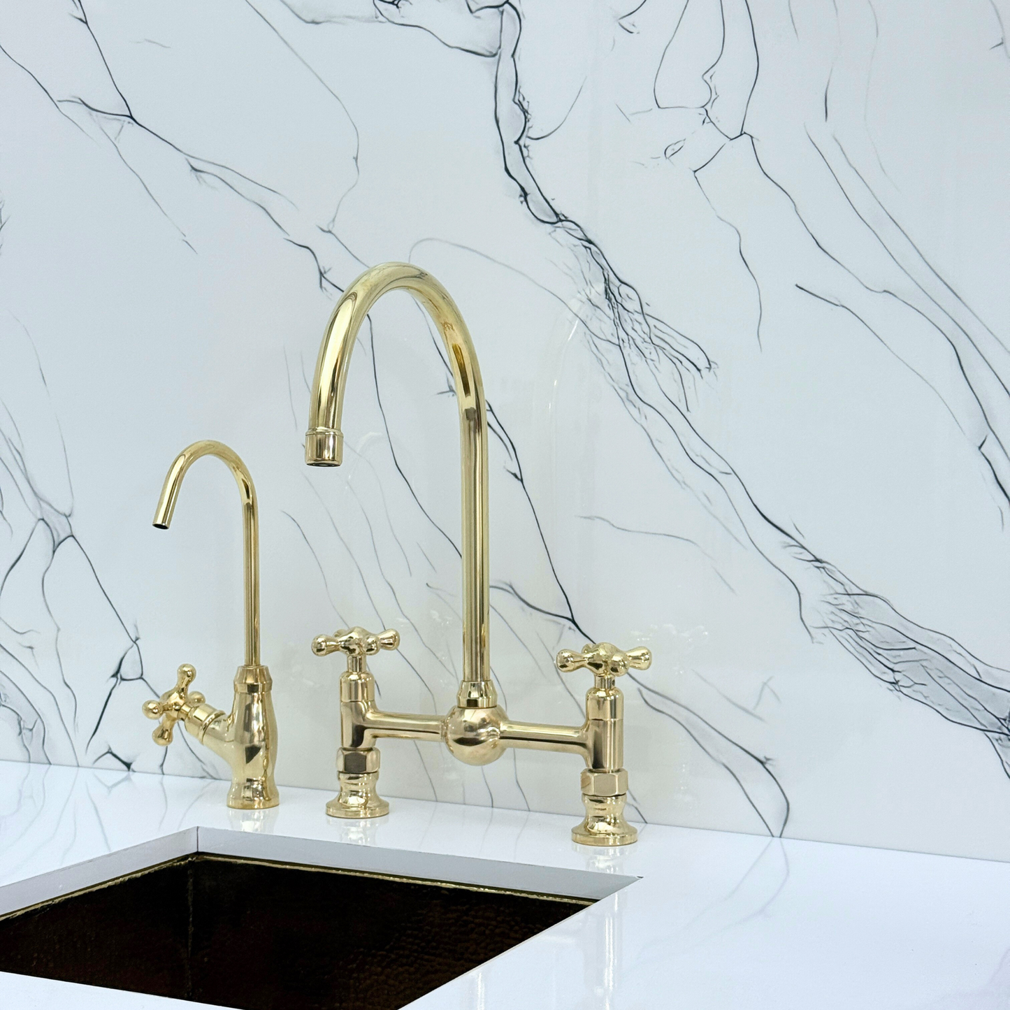 Unlacquered Brass Bridge Vintage Kitchen Faucet with Ball Center, Sprayer, Cold Water Faucet and Cross Handles