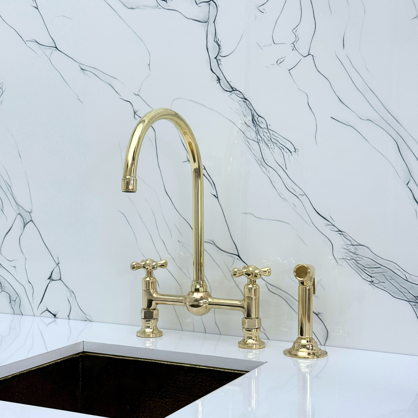 Unlacquered Brass Bridge Vintage Kitchen Faucet with Ball Center, Sprayer, Cold Water Faucet and Cross Handles