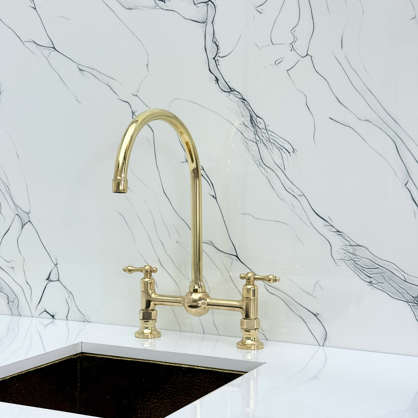 Unlacquered Brass Bridge Vintage Kitchen Faucet with Ball Center, Sprayer, Cold Water Faucet and Lever Handles