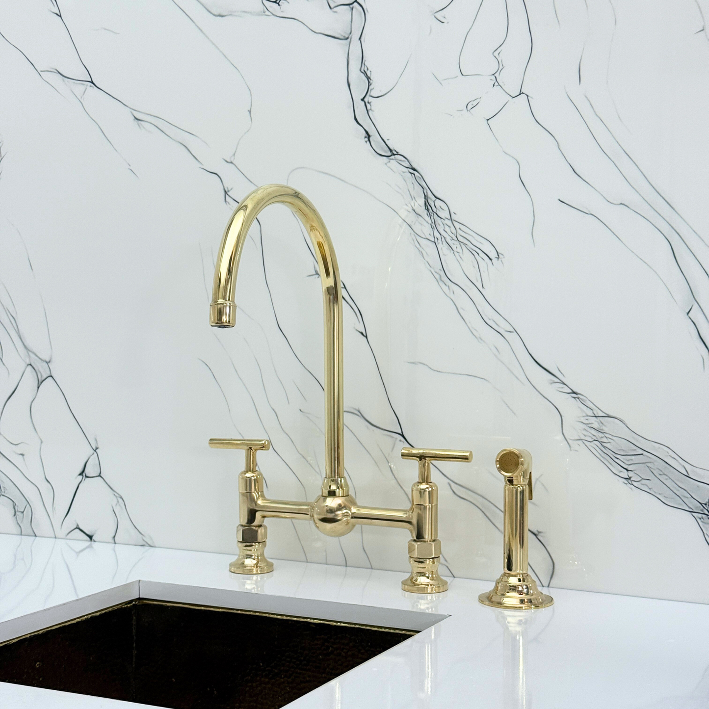 Unlacquered Brass Bridge Vintage Kitchen Faucet with Ball Center, Sprayer, Cold Water Faucet and Lever Handles