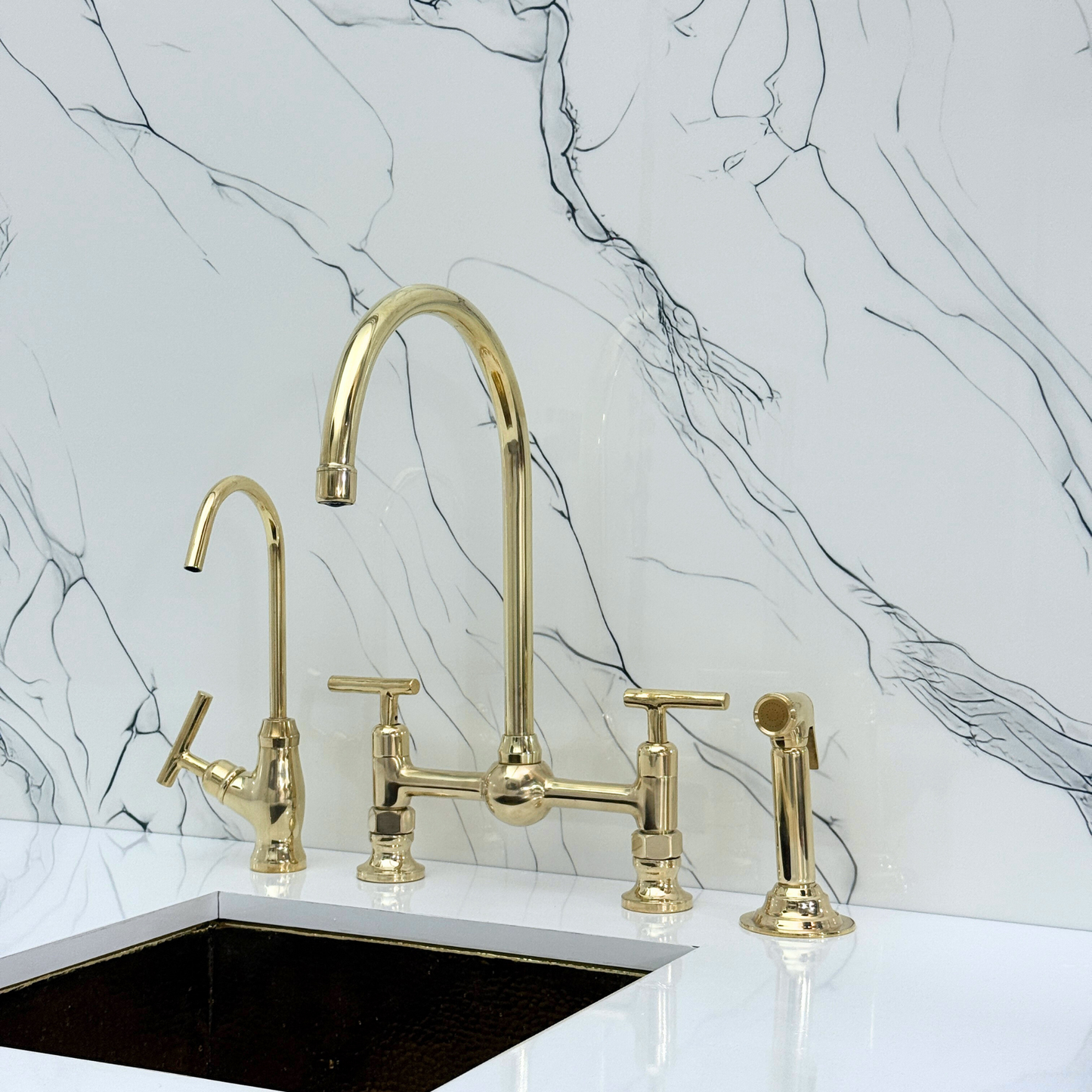 Unlacquered Brass Bridge Vintage Kitchen Faucet with Ball Center, Sprayer, Cold Water Faucet and Lever Handles