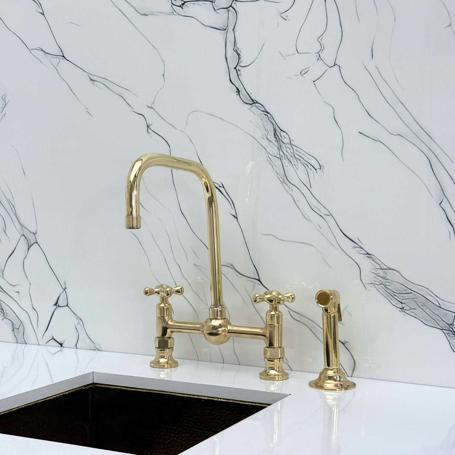 Unlacquered Brass Classic Bridge Faucet with Ball Center, Sprayer, Cold Water Faucet and Cross Handles