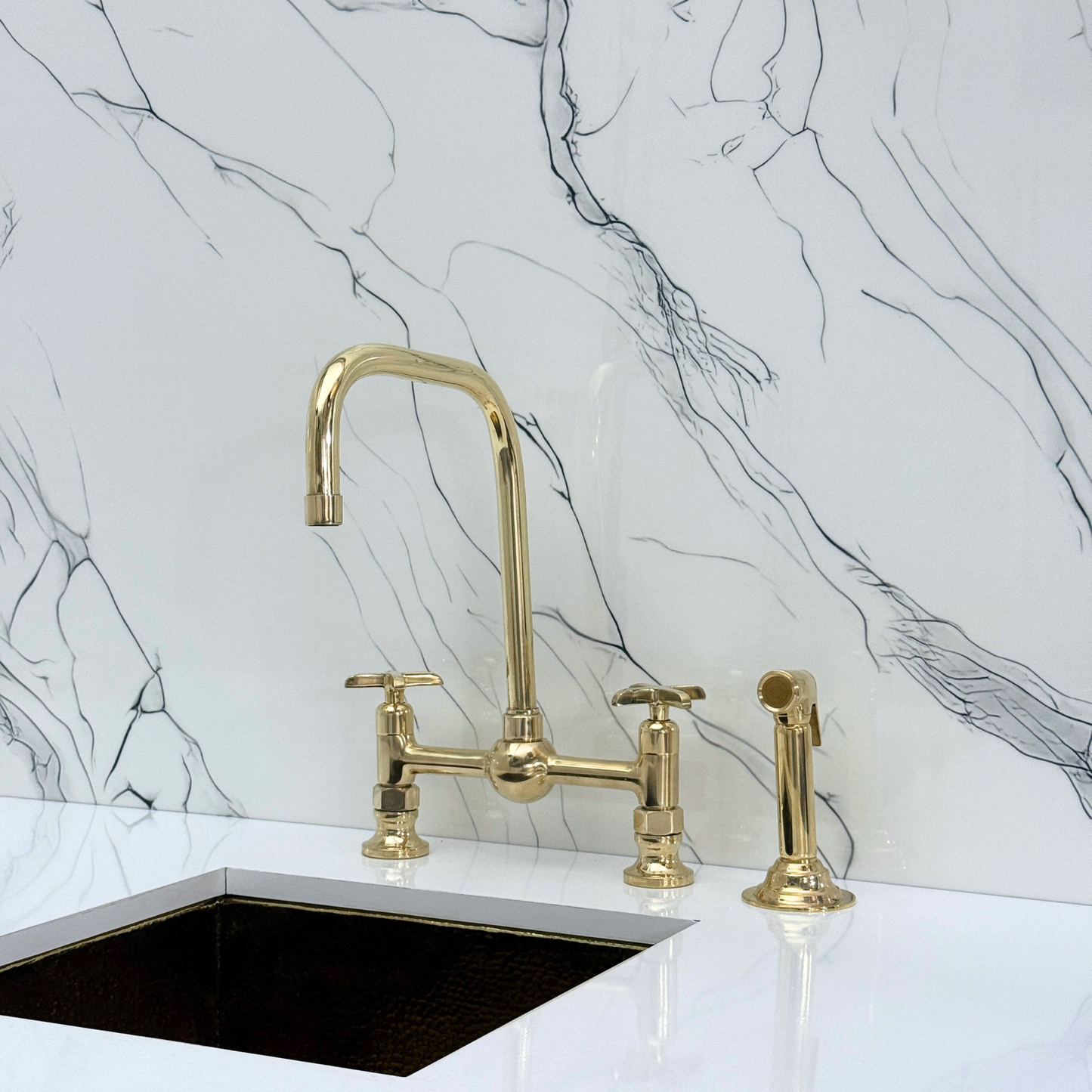 Unlacquered Brass Classic Bridge Faucet with Ball Center, Sprayer, Cold Water Faucet and Cross Handles