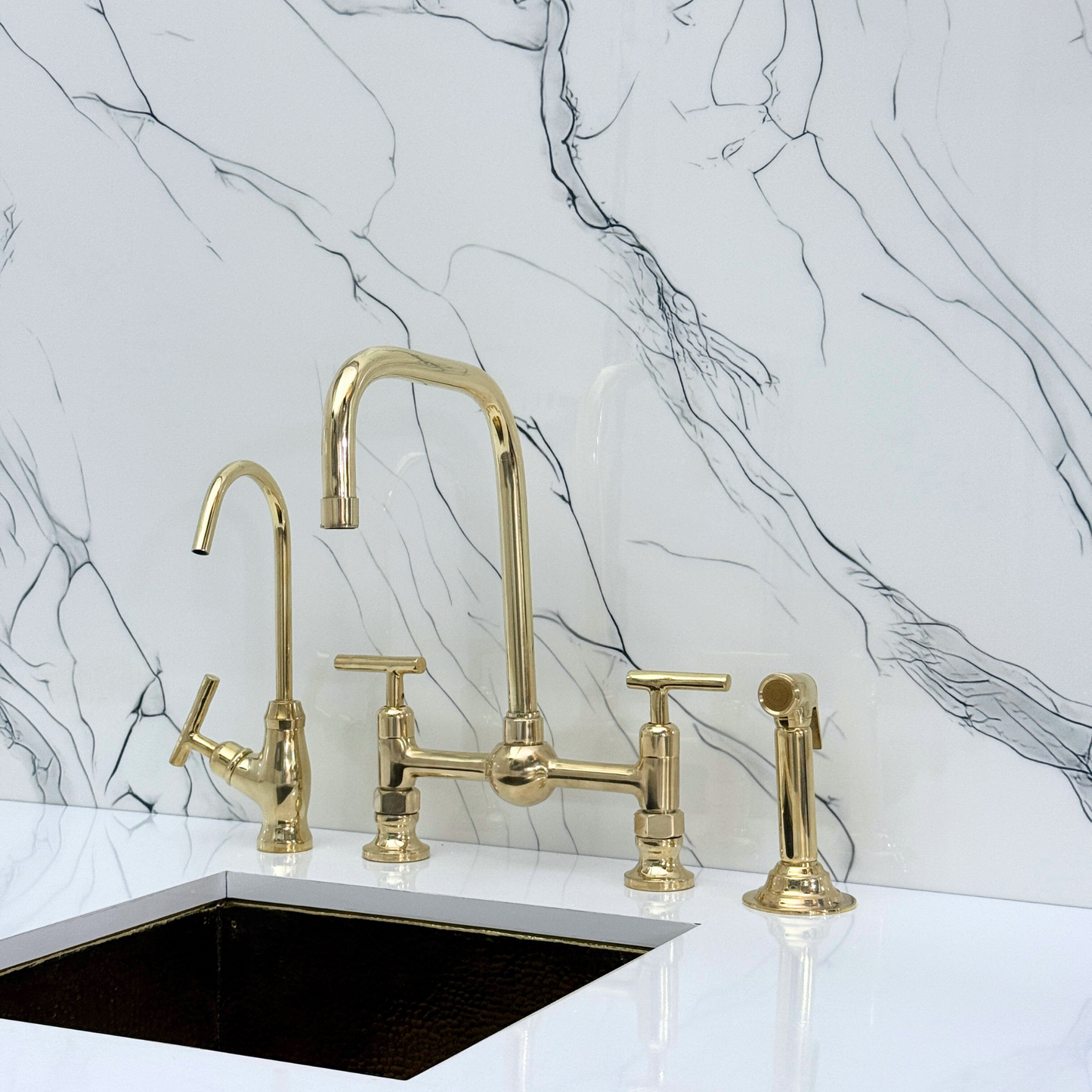 Unlacquered Brass Classic Bridge Faucet with Ball Center, Sprayer, Cold Water Faucet and Lever Handles