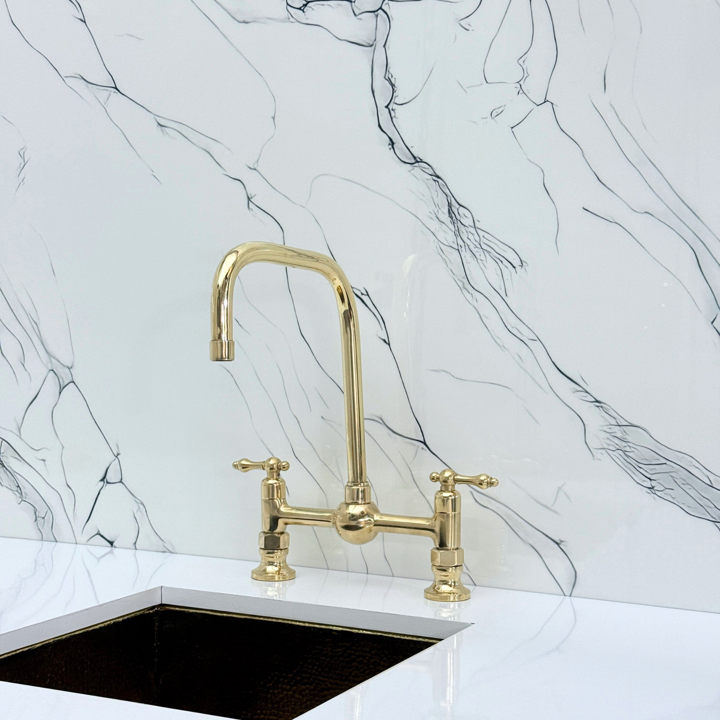 Unlacquered Brass Classic Bridge Faucet with Ball Center, Sprayer, Cold Water Faucet and Lever Handles