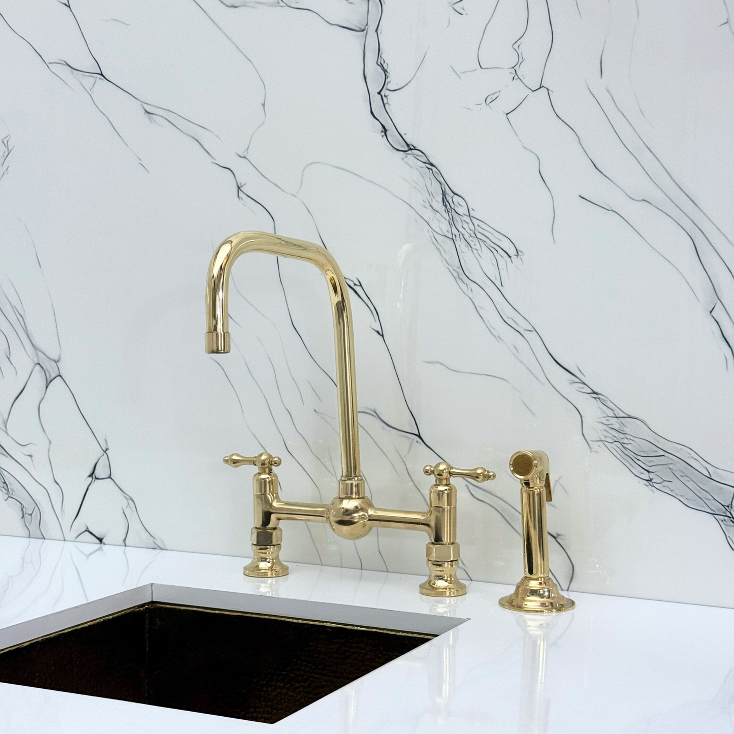 Unlacquered Brass Classic Bridge Faucet with Ball Center, Sprayer, Cold Water Faucet and Lever Handles