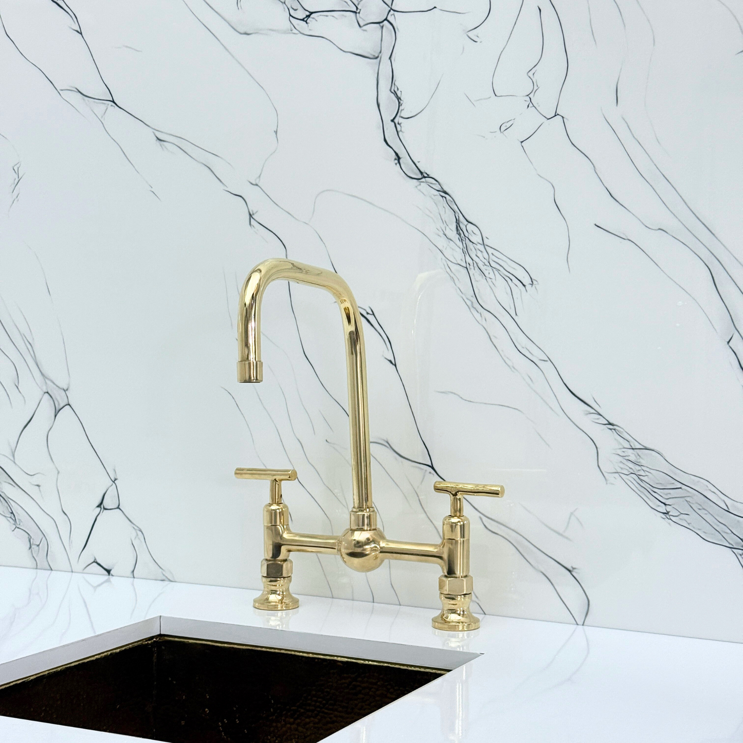 Unlacquered Brass Classic Bridge Faucet with Ball Center, Sprayer, Cold Water Faucet and Lever Handles