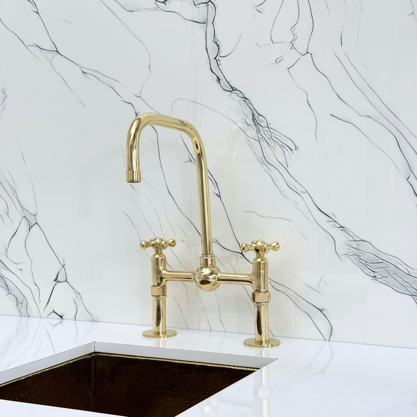 Unlacquered Brass Classic Bridge Faucet with Ball Center, Straight Legs, Sprayer, Cold Water Faucet and Cross Handles