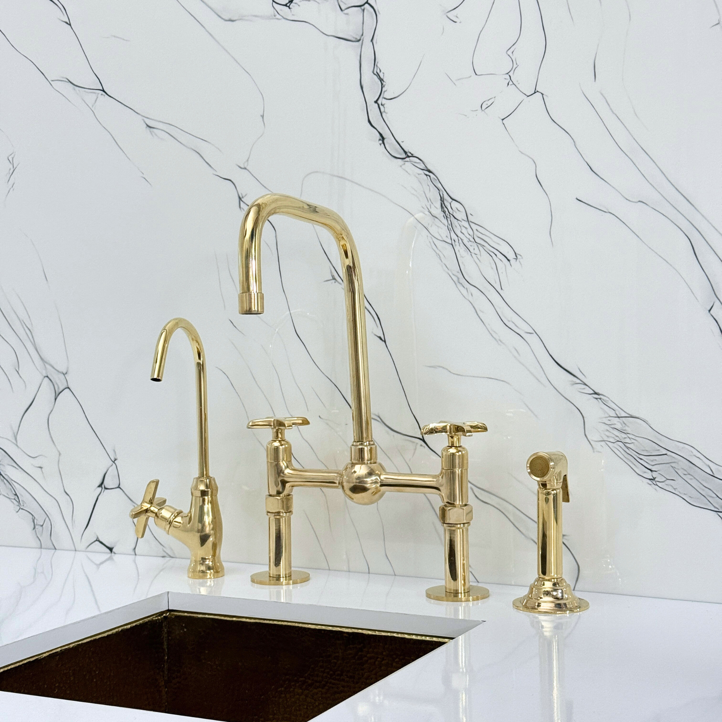 Unlacquered Brass Classic Bridge Faucet with Ball Center, Straight Legs, Sprayer, Cold Water Faucet and Cross Handles