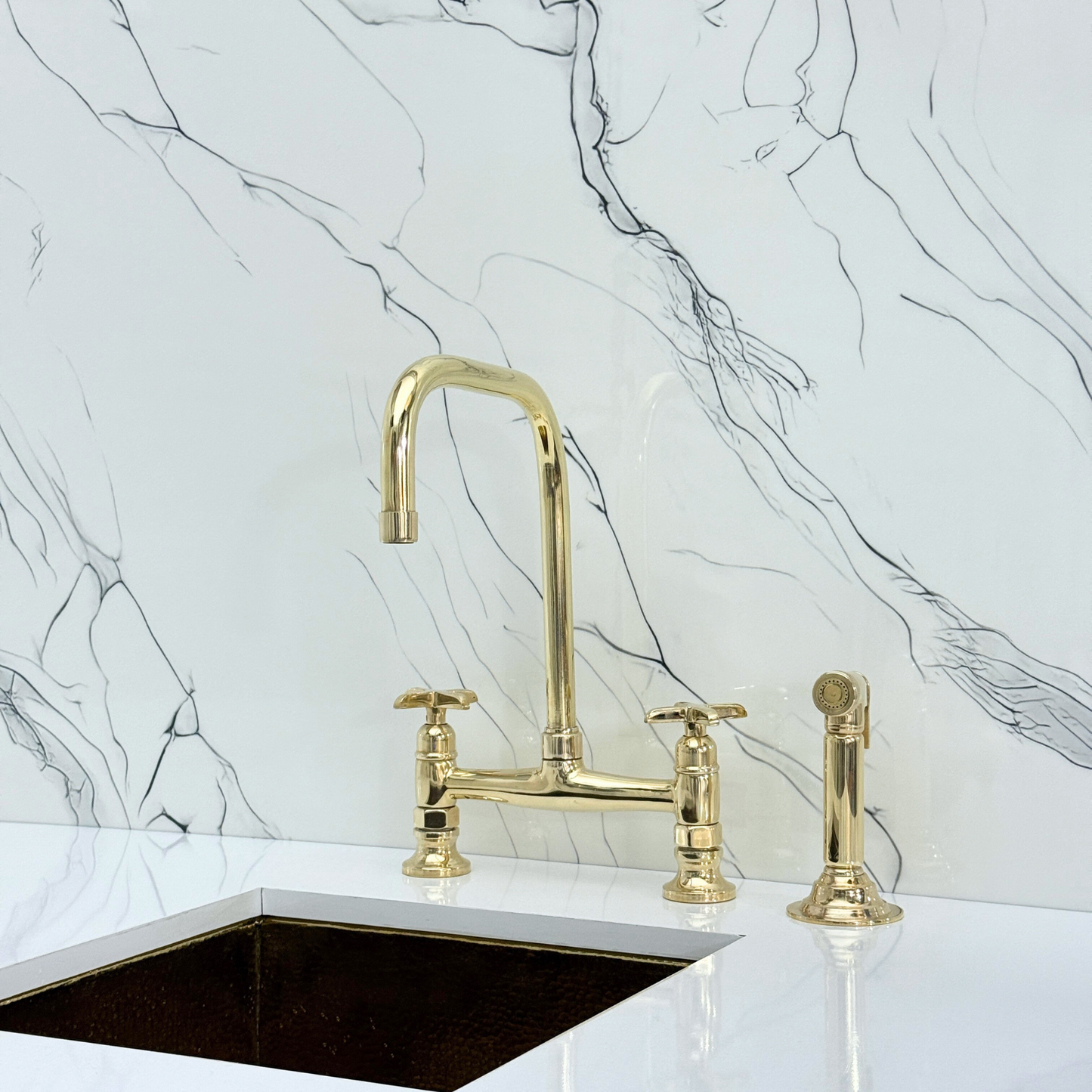 Unlacquered Brass Classic Bridge Faucet with Cold Water Faucet, Sprayer, and Cross Handles