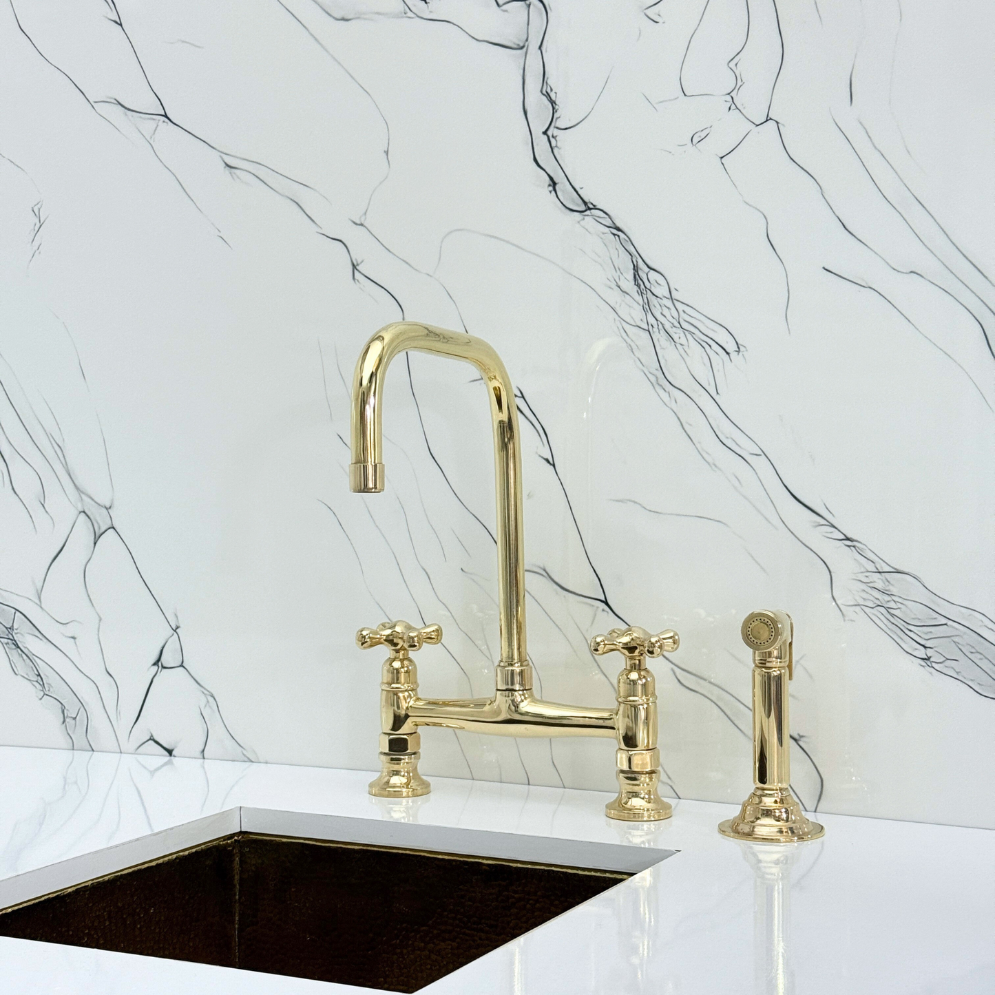 Unlacquered Brass Classic Bridge Faucet with Cold Water Faucet, Sprayer, and Cross Handles