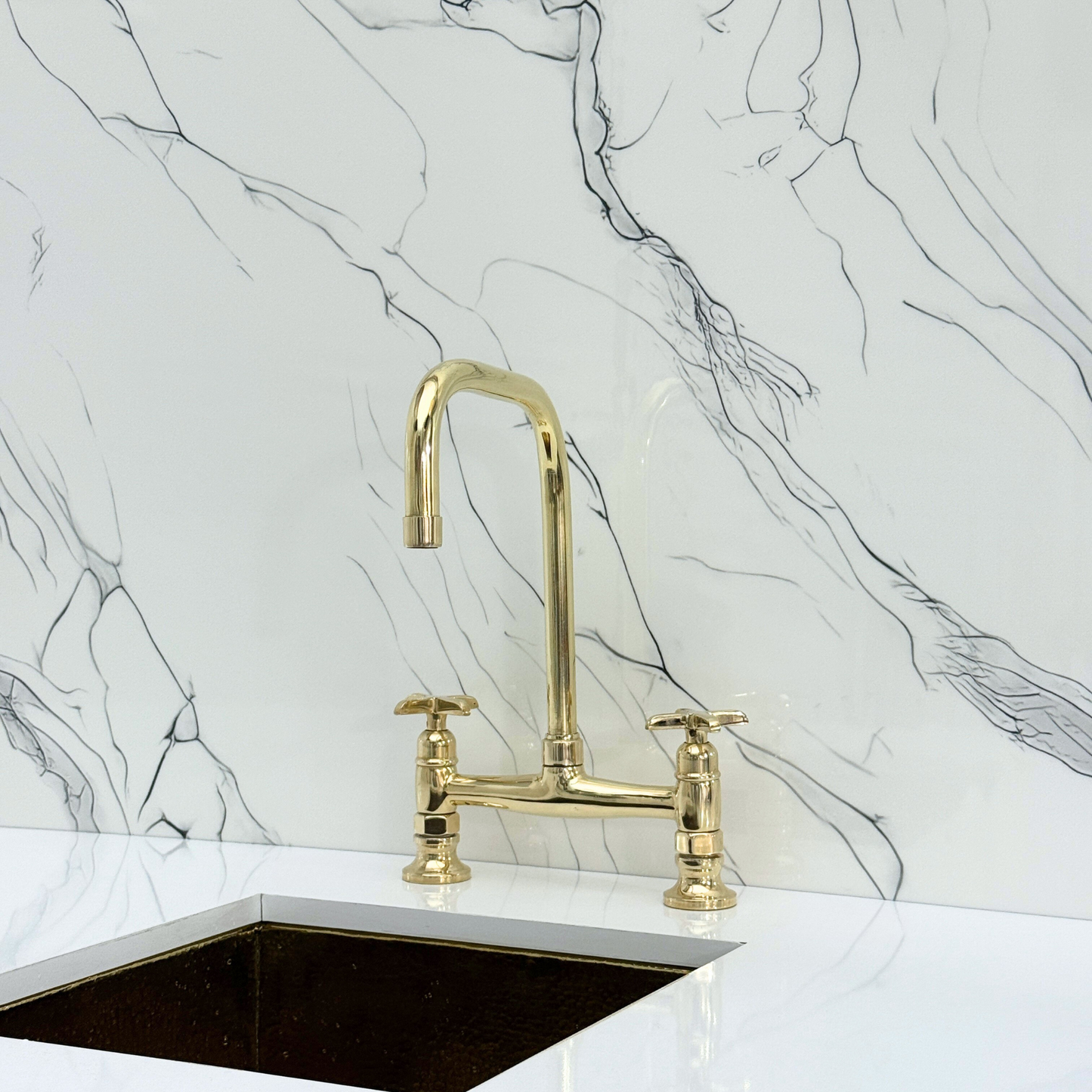 Unlacquered Brass Classic Bridge Faucet with Cold Water Faucet, Sprayer, and Cross Handles
