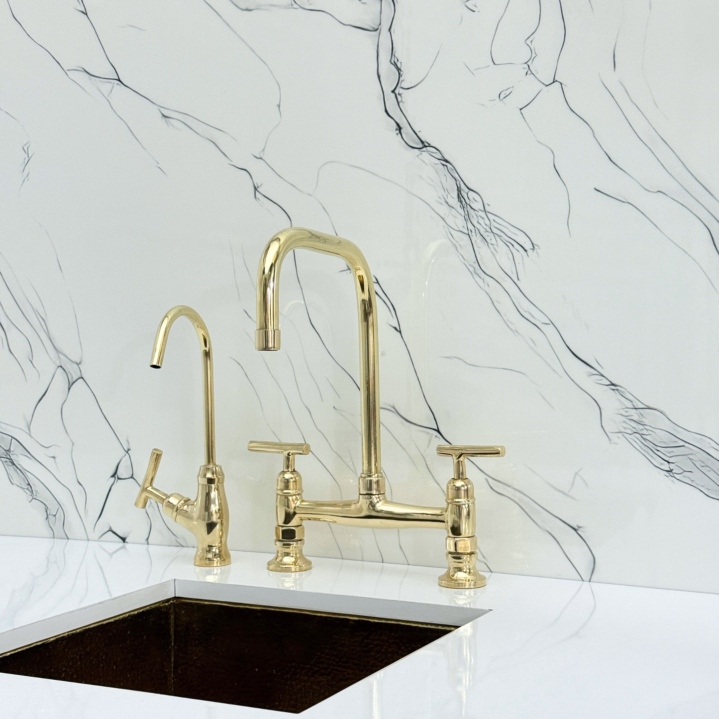 Unlacquered Brass Classic Bridge Faucet with Cold Water Faucet, Sprayer, and Lever Handles