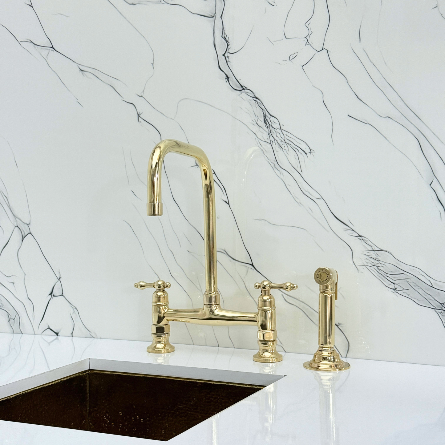 Unlacquered Brass Classic Bridge Faucet with Cold Water Faucet, Sprayer, and Lever Handles