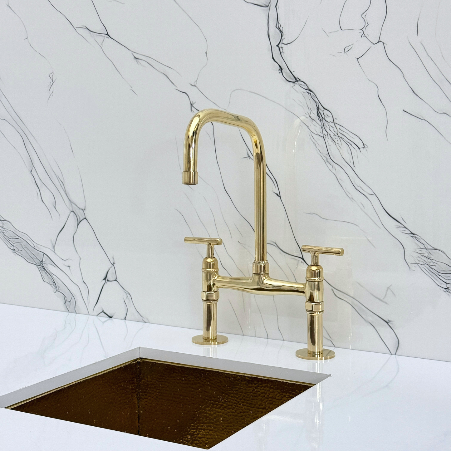 Unlacquered Brass Classic Bridge Faucet with Sprayer, Cold Water Faucet and Lever Handles