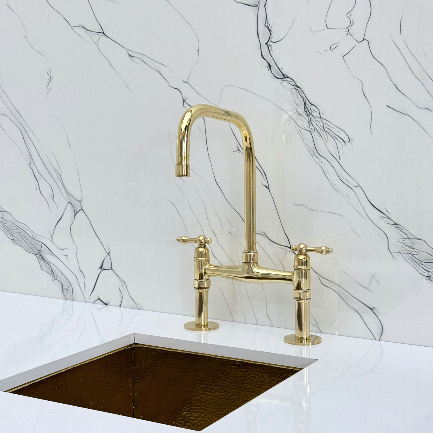 Unlacquered Brass Classic Bridge Faucet with Sprayer, Cold Water Faucet and Lever Handles