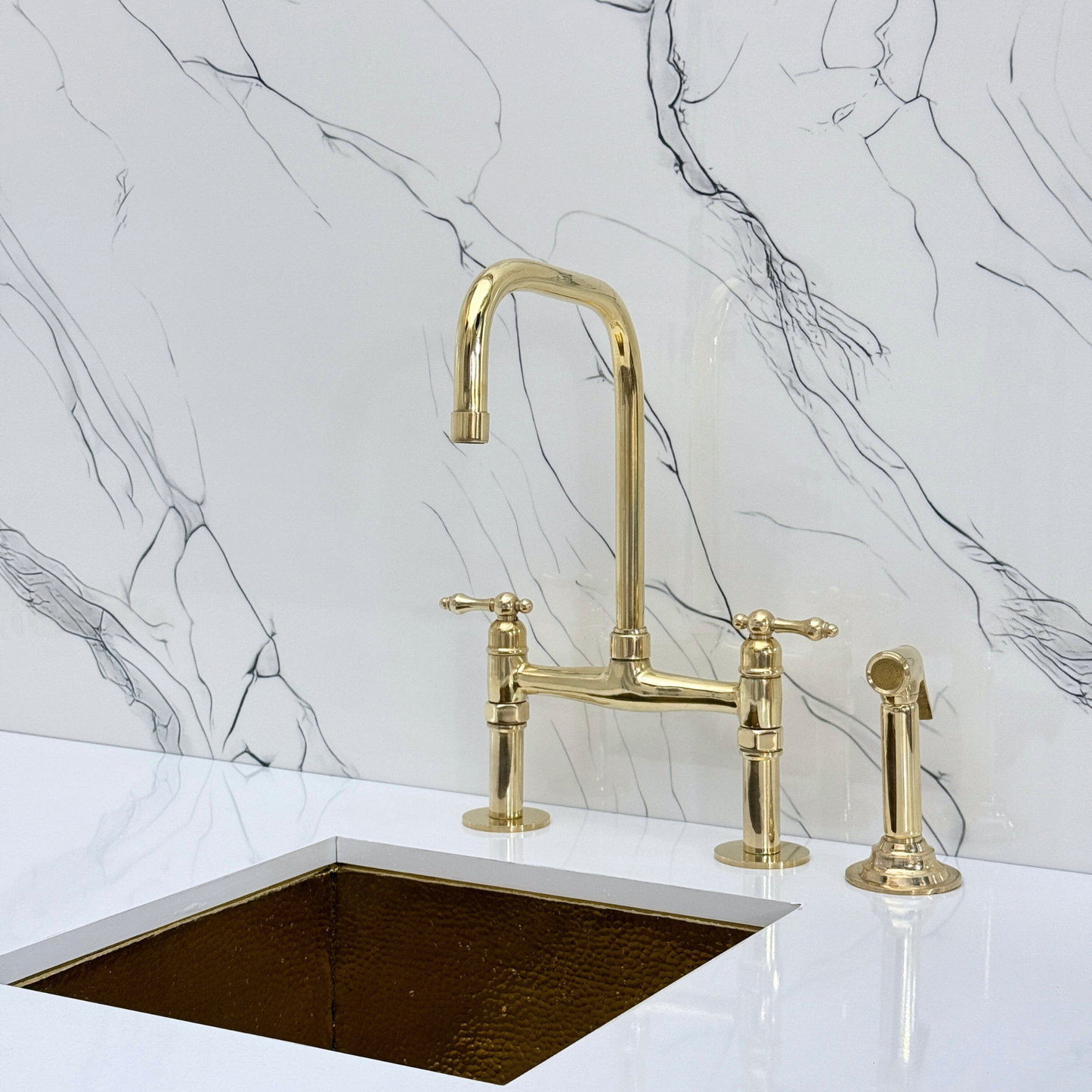 Unlacquered Brass Classic Bridge Faucet with Sprayer, Cold Water Faucet and Lever Handles