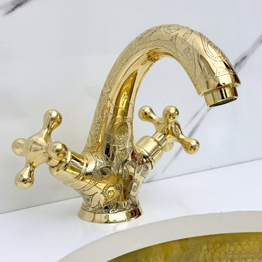 Unlacquered Brass Engraved Single Hole Bathroom Faucet with Cross Handles