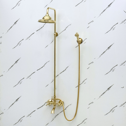 Unlacquered Brass Exposed Shower System with Rainfall Head, Handheld Shower & Tub Filler