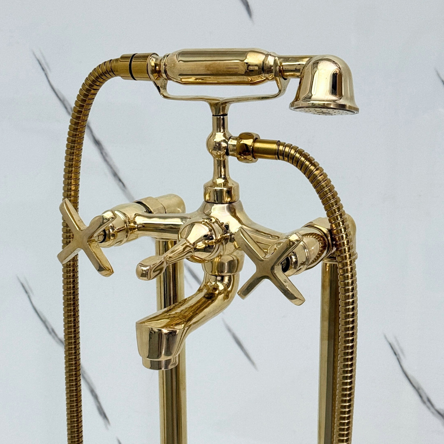 Unlacquered Brass Freestanding Bathtub Faucet, Solid Brass Clawfoot Tub Filler with Handheld Shower Head and Cross Handles