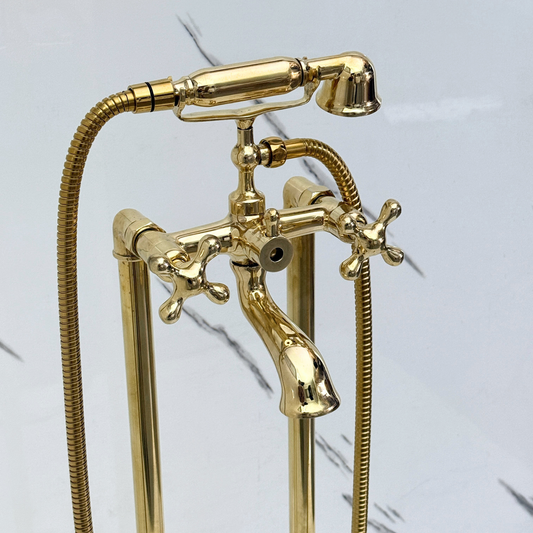 Unlacquered Brass Freestanding Bathtub Faucet, Solid Brass Tub Filler with Handheld Shower Head, Diverter and Cross Handles