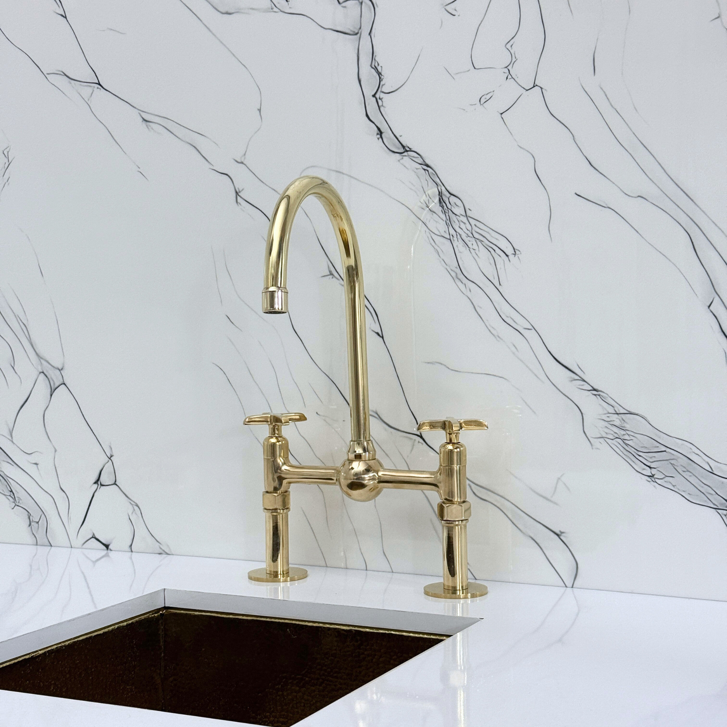 Unlacquered Brass Kitchen Bridge Faucet with Ball Center, Sprayer, Cold Water Faucet, Straight Legs and Cross Handles