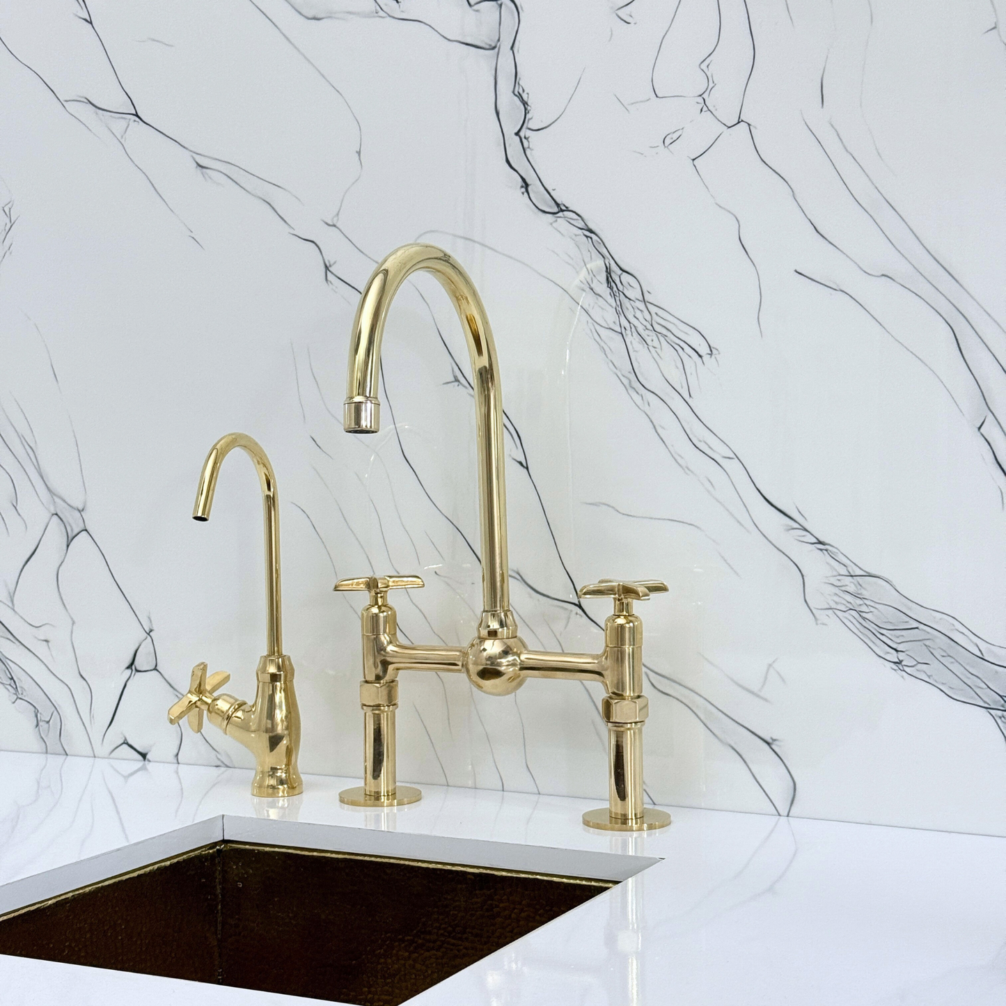 Unlacquered Brass Kitchen Bridge Faucet with Ball Center, Sprayer, Cold Water Faucet, Straight Legs and Cross Handles