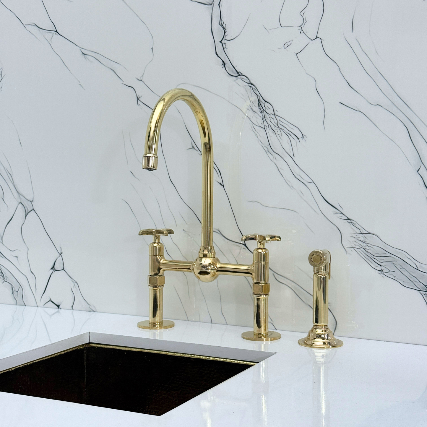 Unlacquered Brass Kitchen Bridge Faucet with Ball Center, Sprayer, Cold Water Faucet, Straight Legs and Cross Handles