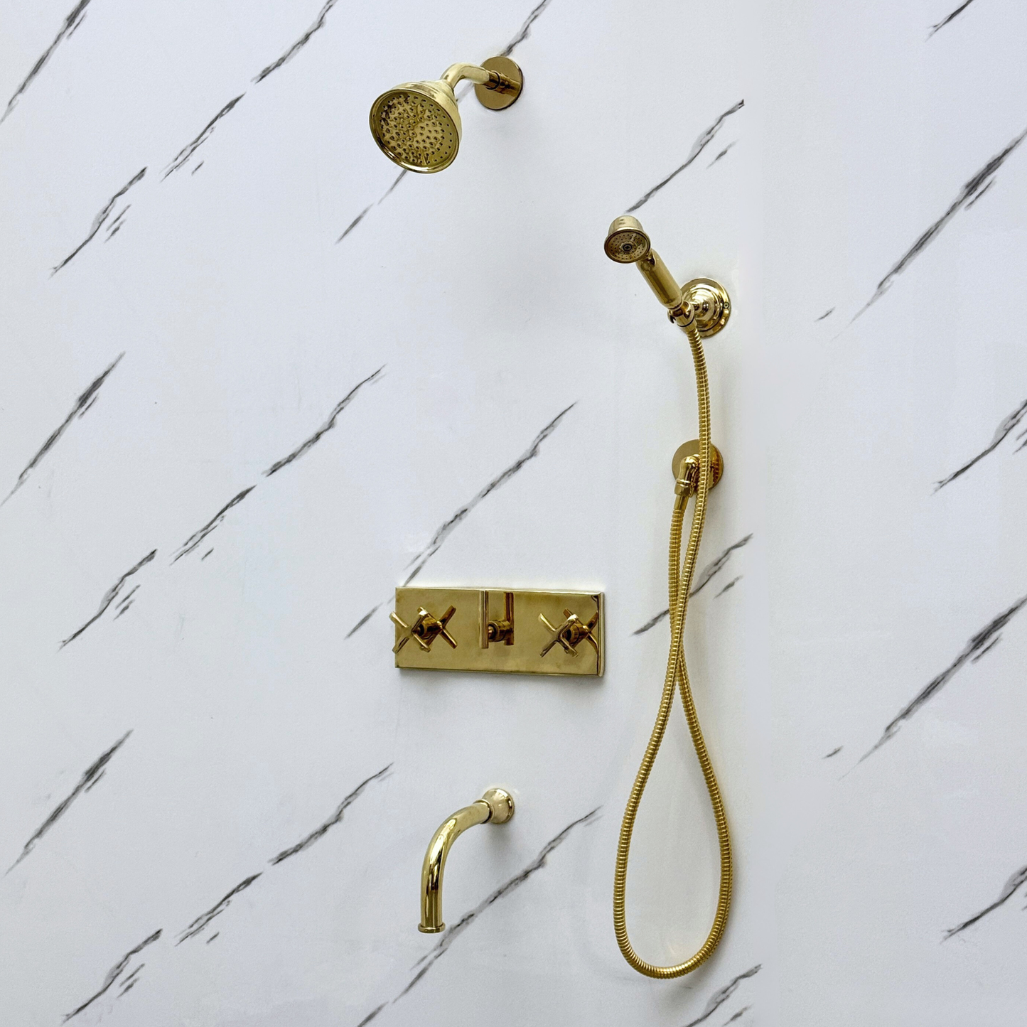 Unlacquered Brass Shower System with Adjustable Round Rain Shower Head, Handheld Shower Head, Central Brass Plaque, Tub Filler and Cross Handles