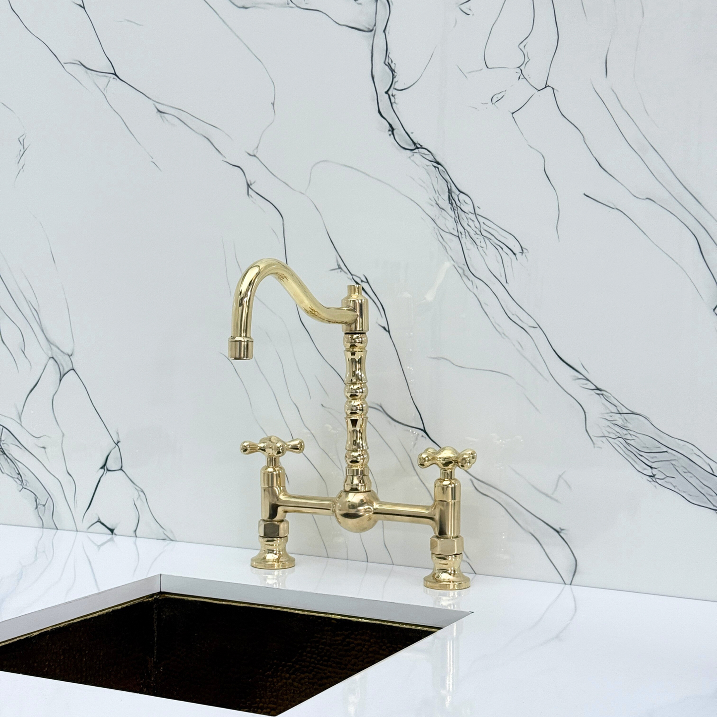 Unlacquered Brass Victorian Bridge Faucet with Ball Center, Sprayer, Cold Water Faucet, and Cross Handles