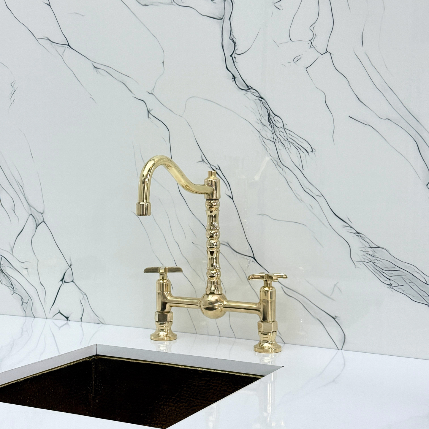 Unlacquered Brass Victorian Bridge Faucet with Ball Center, Sprayer, Cold Water Faucet, and Cross Handles