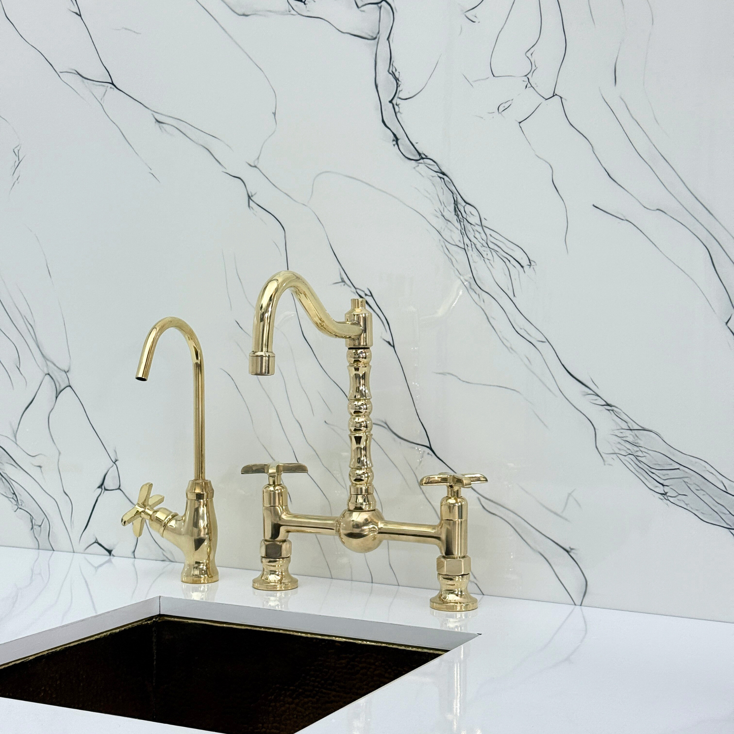 Unlacquered Brass Victorian Bridge Faucet with Ball Center, Sprayer, Cold Water Faucet, and Cross Handles