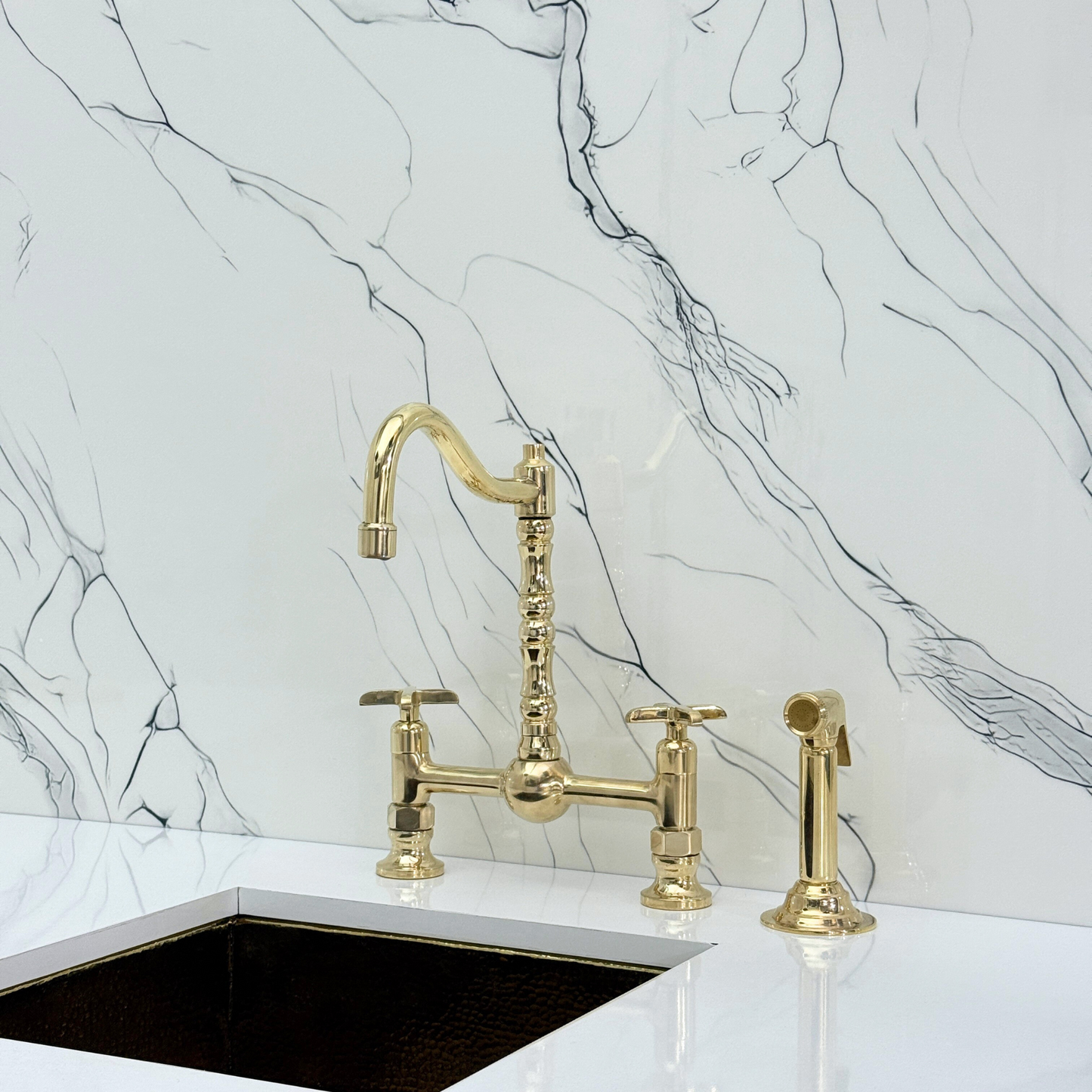Unlacquered Brass Victorian Bridge Faucet with Ball Center, Sprayer, Cold Water Faucet, and Cross Handles