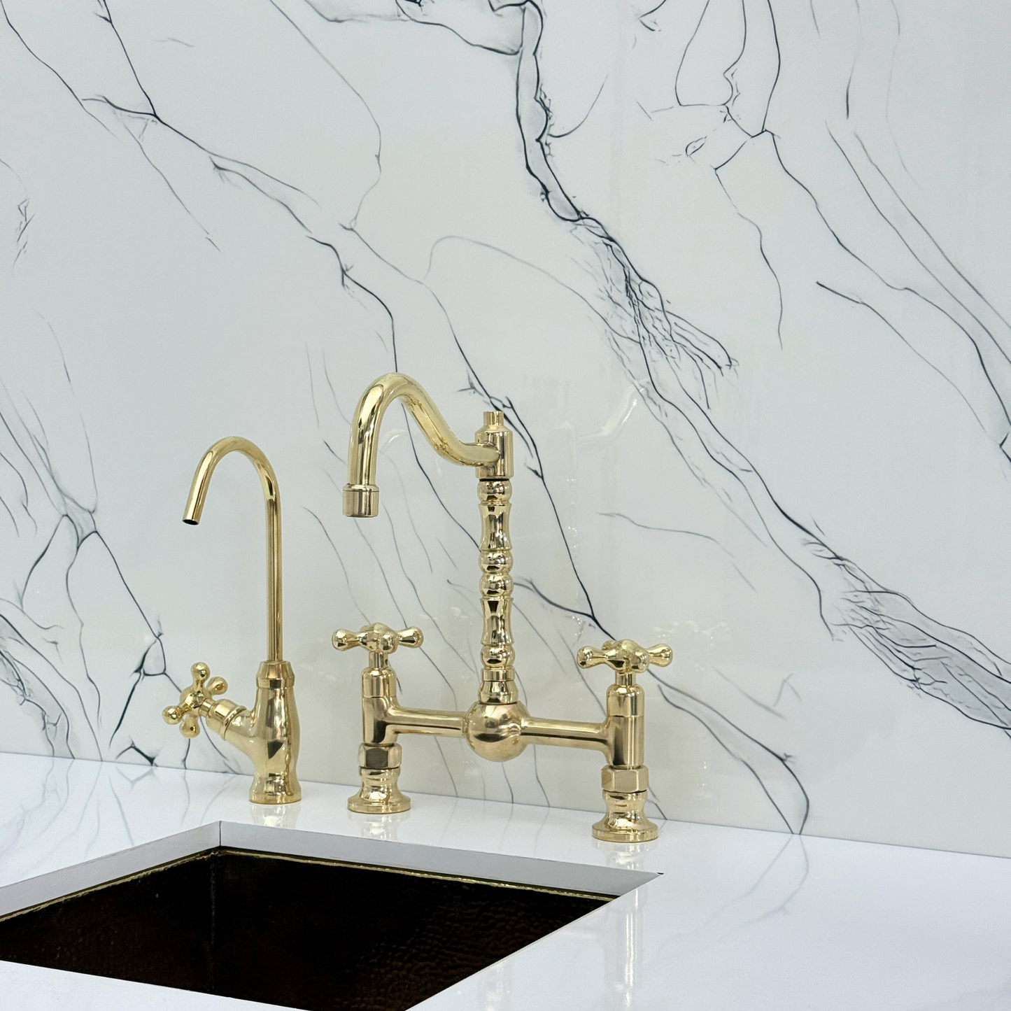 Unlacquered Brass Victorian Bridge Faucet with Ball Center, Sprayer, Cold Water Faucet, and Cross Handles