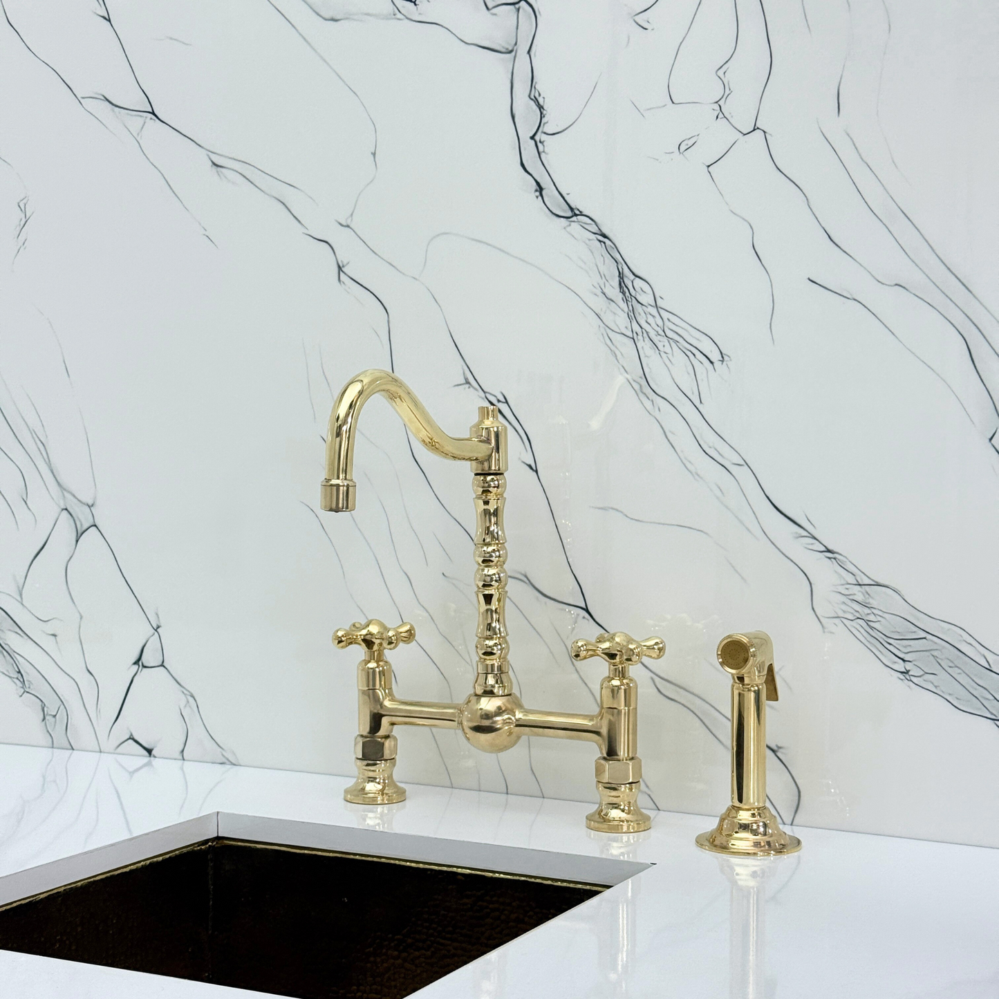 Unlacquered Brass Victorian Bridge Faucet with Ball Center, Sprayer, Cold Water Faucet, and Cross Handles