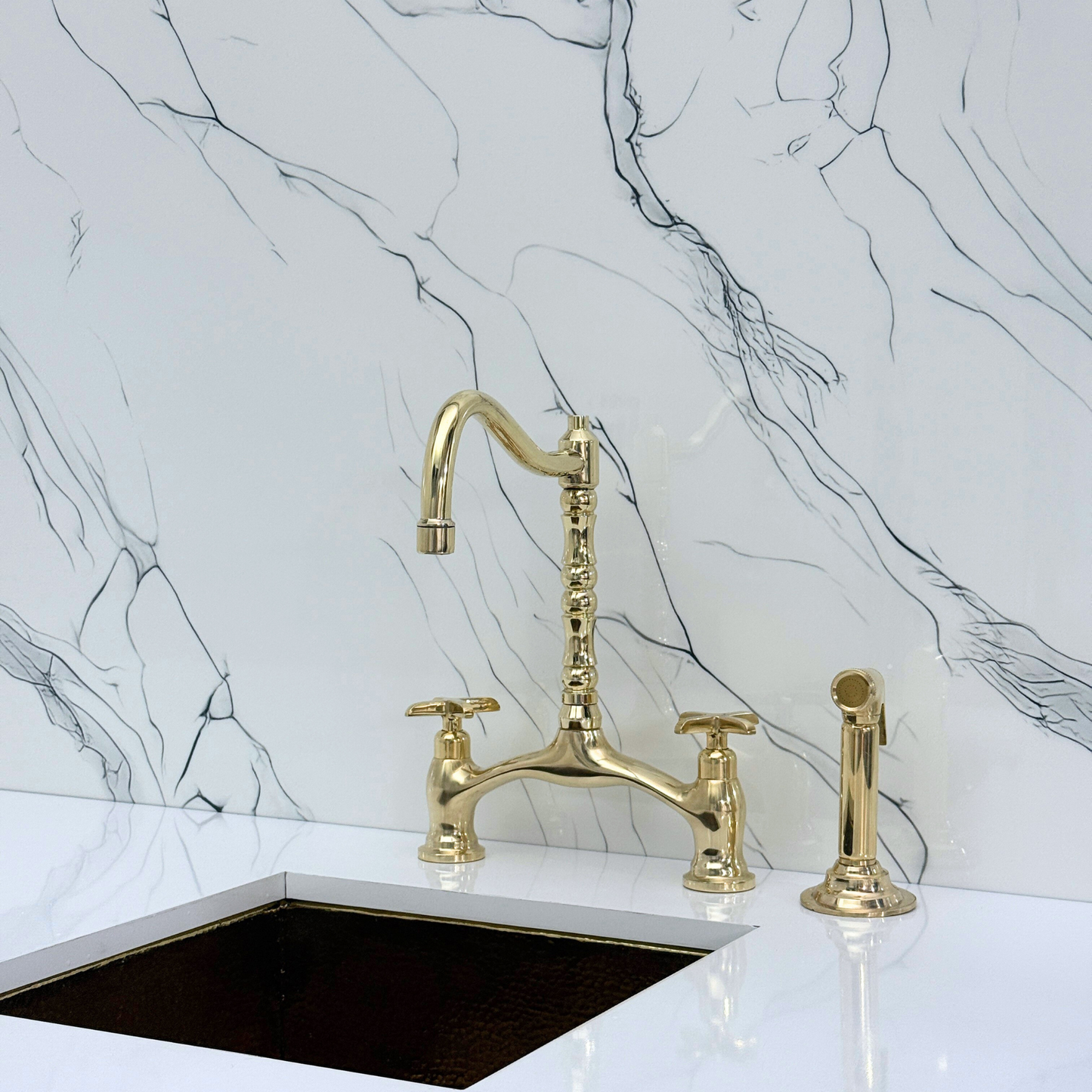 Unlacquered Brass Victorian Bridge Kitchen Faucet with Sprayer, Drinking Water Tap and Cross Handles