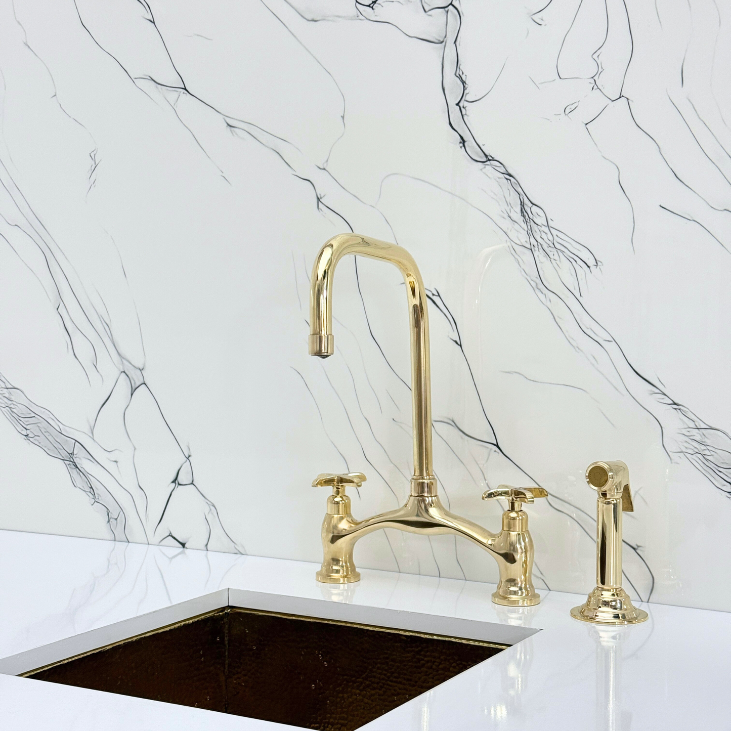 Unlacquered Brass Vintage Bridge Kitchen Faucet with Sprayer, Drinking Water Tap and Cross Handles