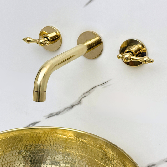 Unlacquered Brass Wall-Mount Faucet with Lever handles, Push-Up Drain & P-trap