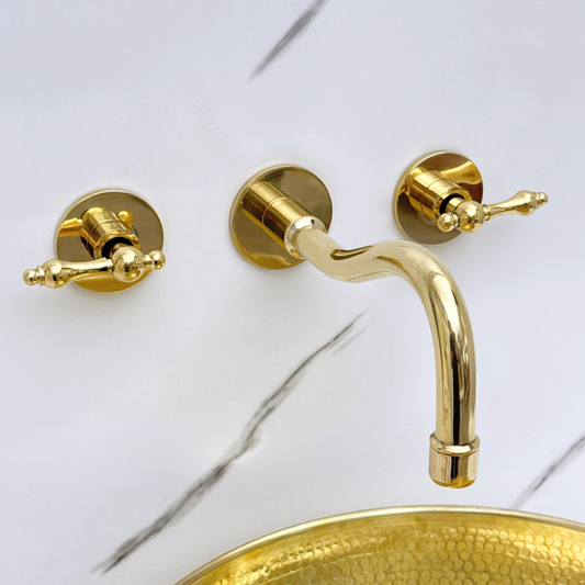 Unlacquered Brass Wall Mount Bathroom Faucet with Lever handles