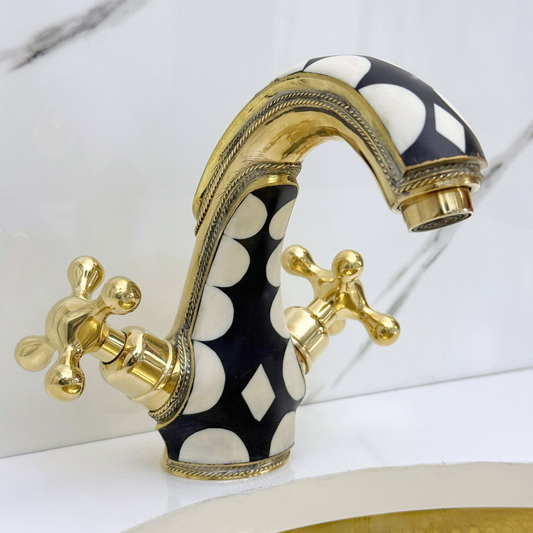 Unlacquered Brass and Resin Single Hole Bathroom Faucet with Cross Handles