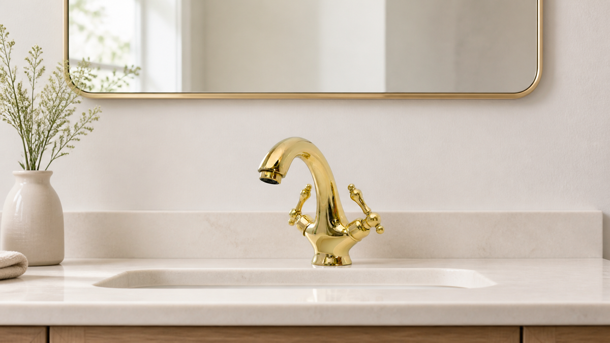 Brassty unlacquered brass bathroom faucet centered below a mirror with clear backsplash space