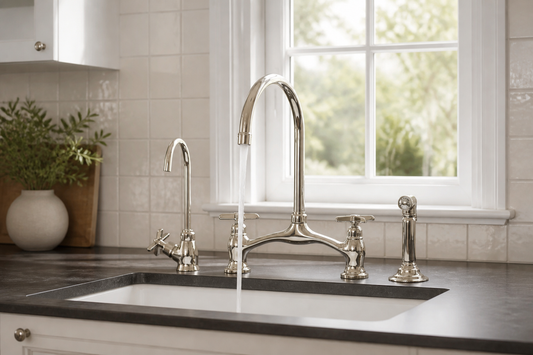 Polished nickel bridge faucet with visible deck-mounted installation spacing