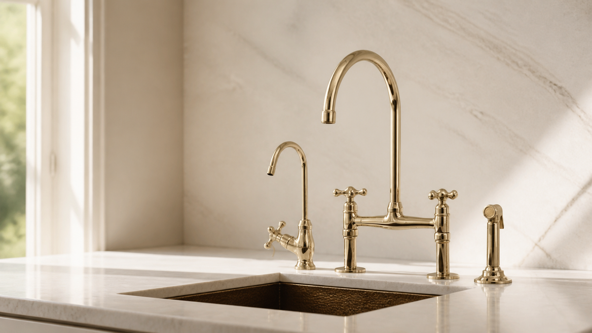 Unlacquered brass bridge faucet in a kitchen, showing spout reach and clearance