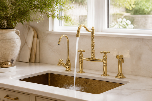 Unlacquered brass bridge kitchen faucet showing spout reach into an undermount sink