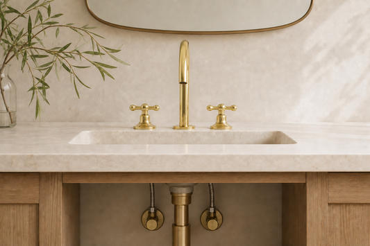 Unlacquered brass widespread bathroom faucet with visible supply connection context